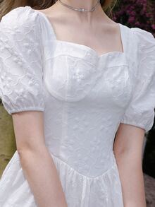 Jacquard Square Neck Puff Sleeve Dress - White - View 3