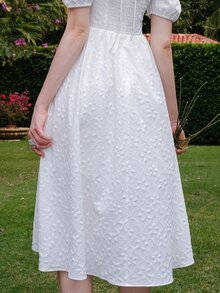 Jacquard Square Neck Puff Sleeve Dress - White - View 4