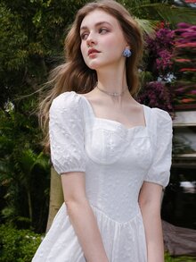 Jacquard Square Neck Puff Sleeve Dress - White - View 5