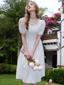 Jacquard Square Neck Puff Sleeve Dress - White - View 7