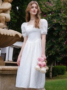 Jacquard Square Neck Puff Sleeve Dress - White - View 8