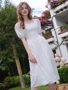 Jacquard Square Neck Puff Sleeve Dress - White - View 9