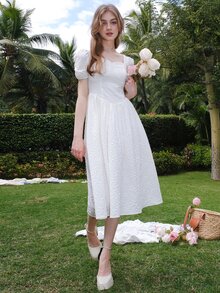 Jacquard Square Neck Puff Sleeve Dress - White - View 10