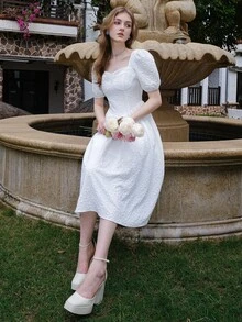 Jacquard Square Neck Puff Sleeve Dress - White - View 11