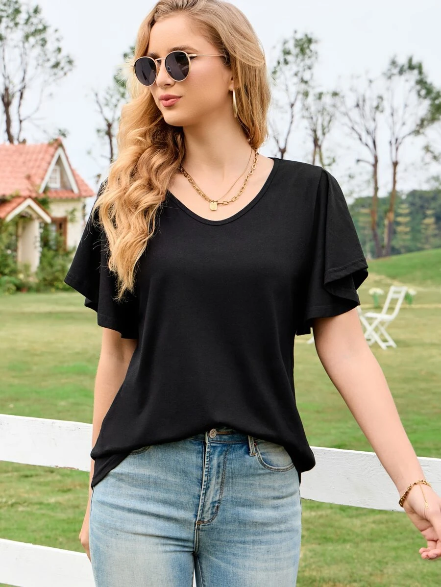 INAWLY Áo thun nữ màu trơn Giải trí - màu đen - Xem 1