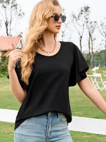 INAWLY Áo thun nữ màu trơn Giải trí - màu đen - Xem 4