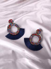Rhinestone Decor Tassel Drop Earrings - Multicolor - View 1