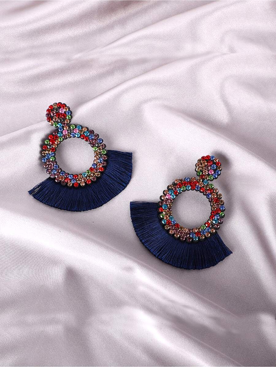 Rhinestone Decor Tassel Drop Earrings - Multicolor - View 1