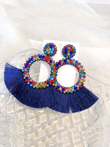 Rhinestone Decor Tassel Drop Earrings - Multicolor - View 3