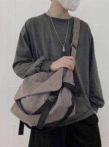 男士大容量翻蓋郵差包附包飾 - 深灰色 - 查看 1