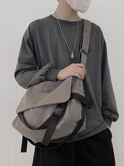 Men Large Capacity Flap Messenger Bag With Bag Charm