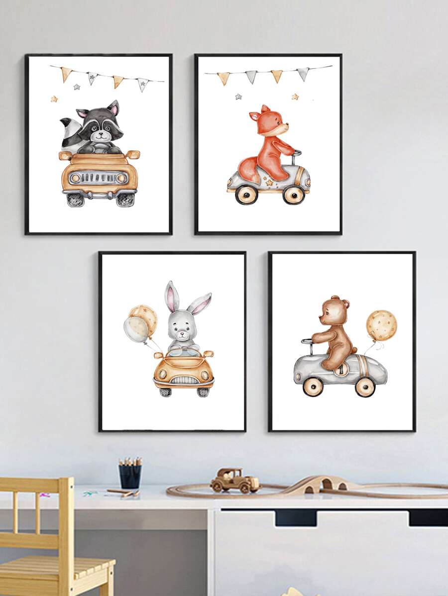 4pcs Cartoon Animal Car Transportation Theme Decorative Canvas Painting, No Frame - Multicolor - View 1