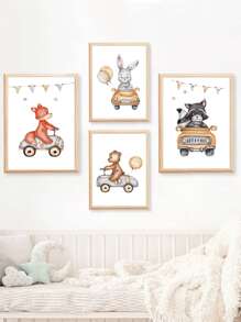 4pcs Cartoon Animal Car Transportation Theme Decorative Canvas Painting, No Frame - Multicolor - View 2