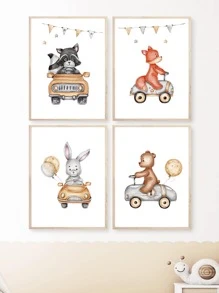 4pcs Cartoon Animal Car Transportation Theme Decorative Canvas Painting, No Frame - Multicolor - View 3