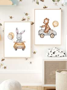 4pcs Cartoon Animal Car Transportation Theme Decorative Canvas Painting, No Frame - Multicolor - View 4