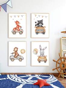 4pcs Cartoon Animal Car Transportation Theme Decorative Canvas Painting, No Frame - Multicolor - View 5