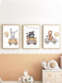 4pcs Cartoon Animal Car Transportation Theme Decorative Canvas Painting, No Frame - Multicolor - View 6