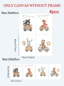 4pcs Cartoon Animal Car Transportation Theme Decorative Canvas Painting, No Frame - Multicolor - View 7