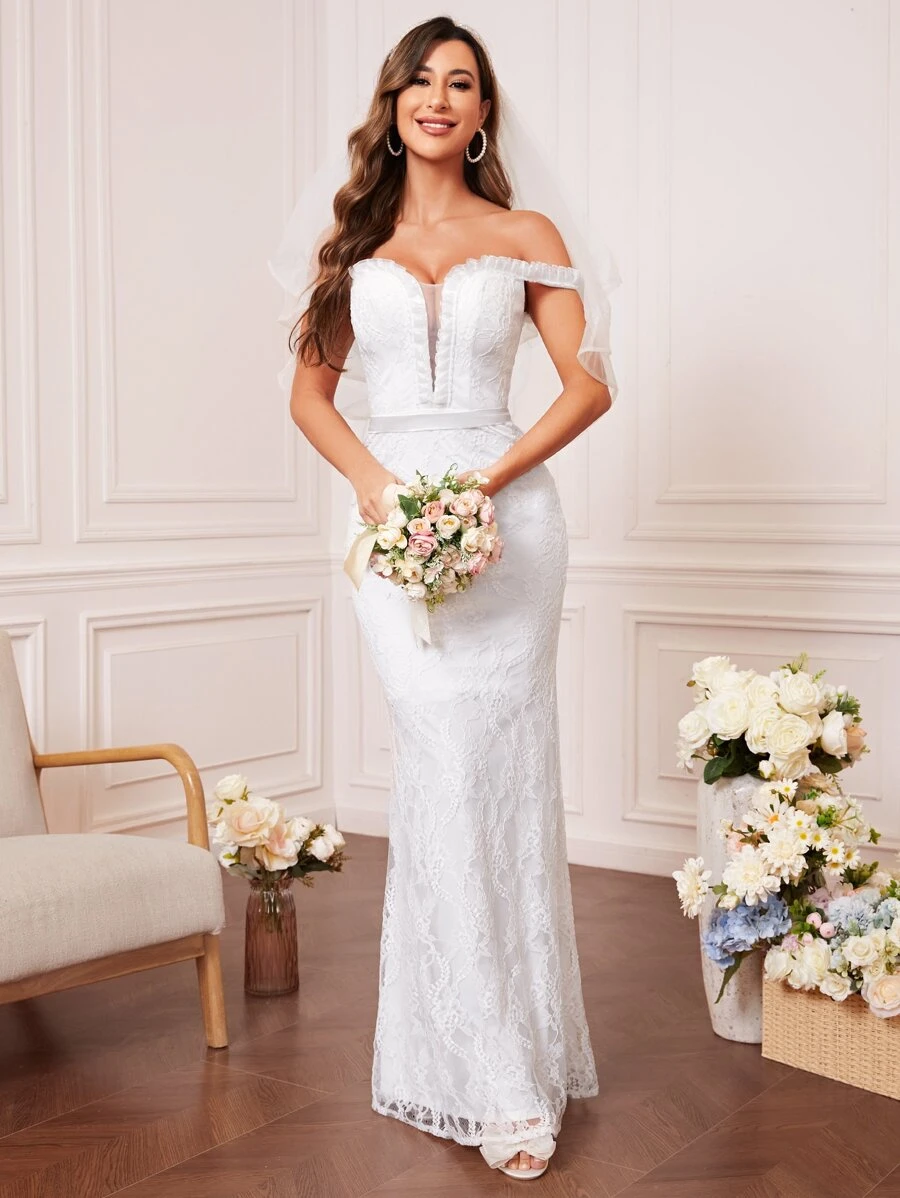 Off Shoulder Backless Mesh Wedding Dress Without Veil Mermaid Dress - White - View 1