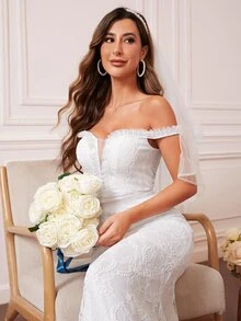 Off Shoulder Backless Mesh Wedding Dress Without Veil Mermaid Dress - White - View 3