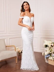 Off Shoulder Backless Mesh Wedding Dress Without Veil Mermaid Dress - White - View 5