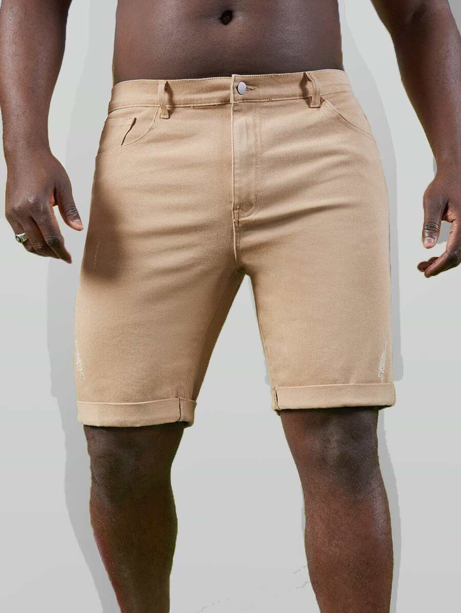 GENTILAND Men Plus Solid Bermuda Denim Shorts - Khaki - View 1