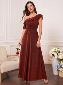 Vestido de dama de honor de cuello asimétrico ribete con fruncido brillante - Naranja Quemada - Ver 1