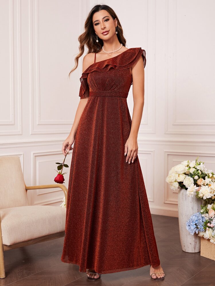 Asymmetrical Neck Ruffle Trim Glitter Bridesmaid Dress