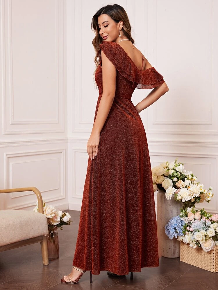 Asymmetrical Neck Ruffle Trim Glitter Bridesmaid Dress