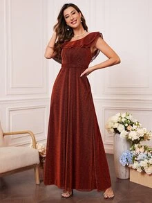 Vestido de dama de honor de cuello asimétrico ribete con fruncido brillante - Naranja Quemada - Ver 3