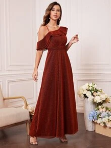 Vestido de dama de honor de cuello asimétrico ribete con fruncido brillante - Naranja Quemada - Ver 4