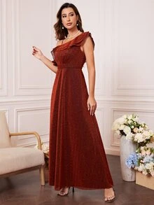 Vestido de dama de honor de cuello asimétrico ribete con fruncido brillante - Naranja Quemada - Ver 5