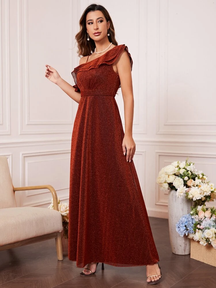 Asymmetrical Neck Ruffle Trim Glitter Bridesmaid Dress