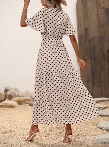 SHEIN VCAY 波點圖案蝴蝶袖前打結荷葉邊洋裝 - 杏色 - 查看 2