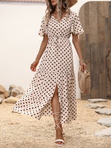 SHEIN VCAY 波點圖案蝴蝶袖前打結荷葉邊洋裝 - 杏色 - 查看 3