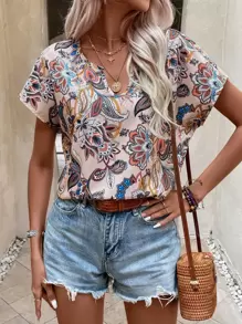 Breezaya Paisley Print Notched Neck Batwing Sleeve Blouse - Apricot - View 1