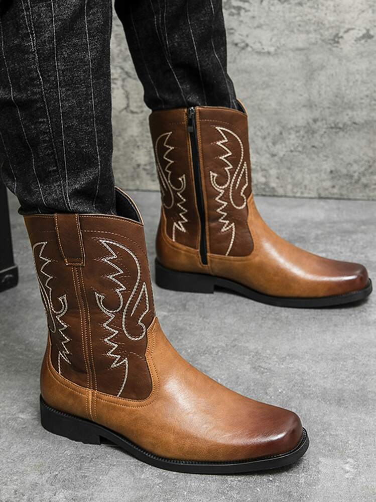 Men Western Embroidered High-Top Leather Boots For Winter - Multicolor - View 3