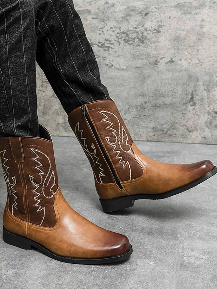 Men Western Embroidered High-Top Leather Boots For Winter - Multicolor - View 4