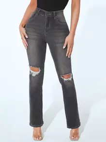 SHEIN PETITE Cat Whisker Ripped Flare Leg Jeans - Grey - View 1