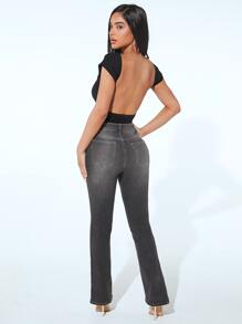 SHEIN PETITE Cat Whisker Ripped Flare Leg Jeans - Grey - View 2