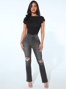 SHEIN PETITE Cat Whisker Ripped Flare Leg Jeans - Grey - View 3