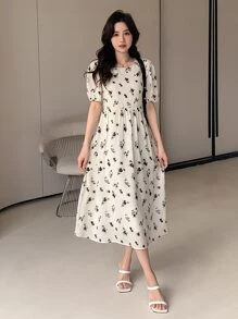 DAZY Ditsy Floral Print Puff Sleeve Tie Back Dress - Apricot - View 1