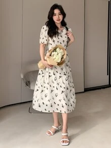 DAZY Ditsy Floral Print Puff Sleeve Tie Back Dress - Apricot - View 6