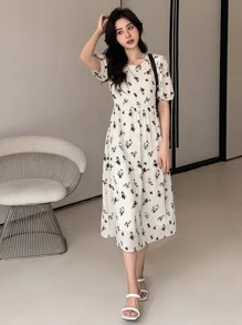 DAZY Ditsy Floral Print Puff Sleeve Tie Back Dress - Apricot - View 7