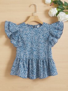 SHEIN 女孩碎花蝴蝶袖荷葉邊下擺襯衫 - 藍白色 - 查看 1