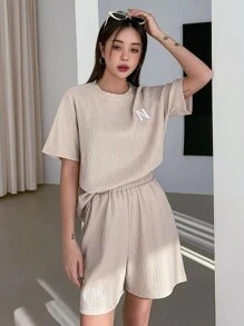DAZY Embroidery Letter Detail Tee & Shorts - Apricot - View 1