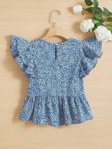 SHEIN 女孩碎花蝴蝶袖荷葉邊下擺襯衫 - 藍白色 - 查看 2