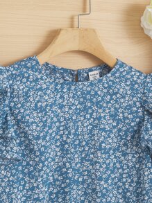 SHEIN 女孩碎花蝴蝶袖荷葉邊下擺襯衫 - 藍白色 - 查看 3