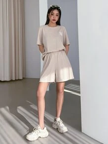 DAZY Embroidery Letter Detail Tee & Shorts - Apricot - View 3