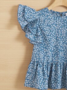 SHEIN 女孩碎花蝴蝶袖荷葉邊下擺襯衫 - 藍白色 - 查看 4
